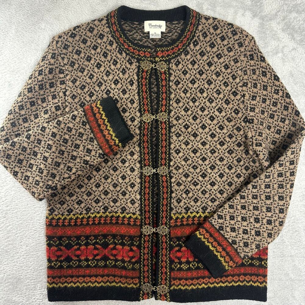 Vintage Cambridge Dry Goods Womens S Nordic Fair Isle 100% Wool Cardigan Ski